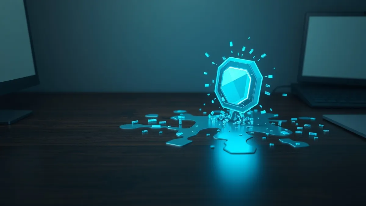 Illustration: A small, cracked digital plugin icon sits alone on a dark wooden desk, leaking glowing blue data fragments that spread across the surface like spilled liquid, threate