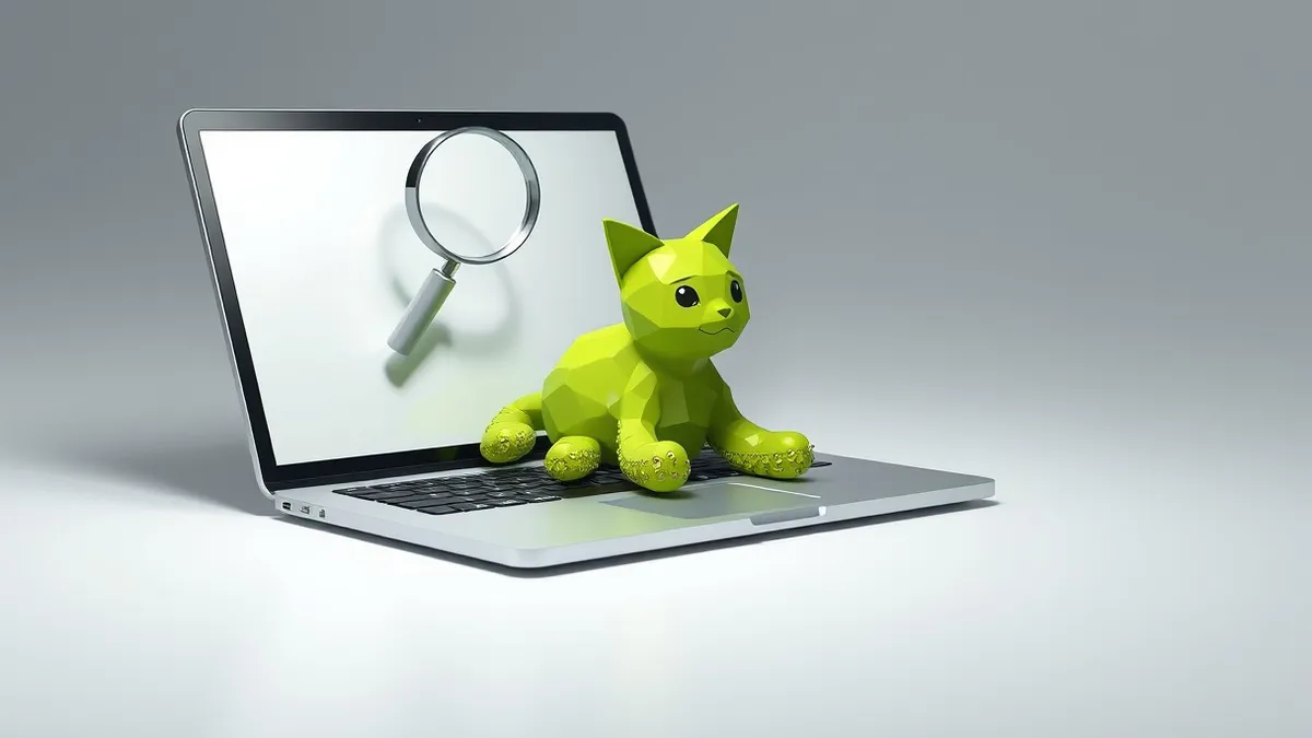 Illustration: A bright green octopus cat rests on a sleek silver laptop keyboard.