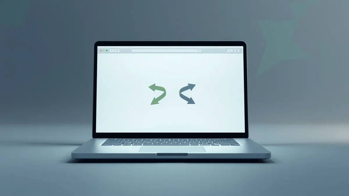Illustration: A laptop displays a blank browser window with two abstract arrows crossing in the center.