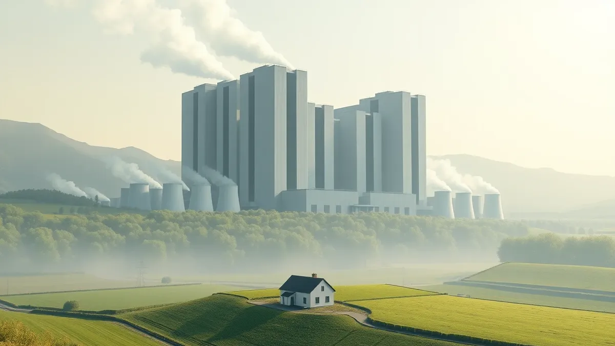 Illustration: A massive concrete data centre complex rises sharply against a hazy sky, dominating the landscape of a quiet rural valley.
