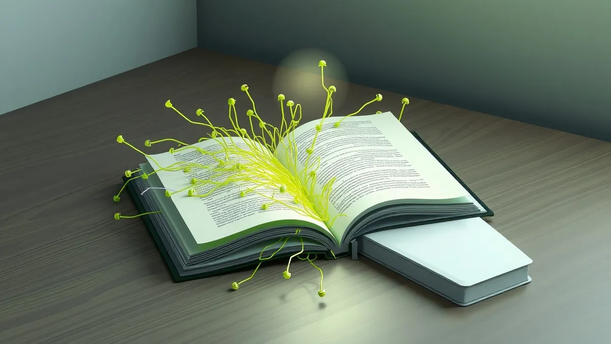 Illustration: A stylized open book lies on a wooden desk, its pages blending into tangled, jagged digital code that spills onto the surface.