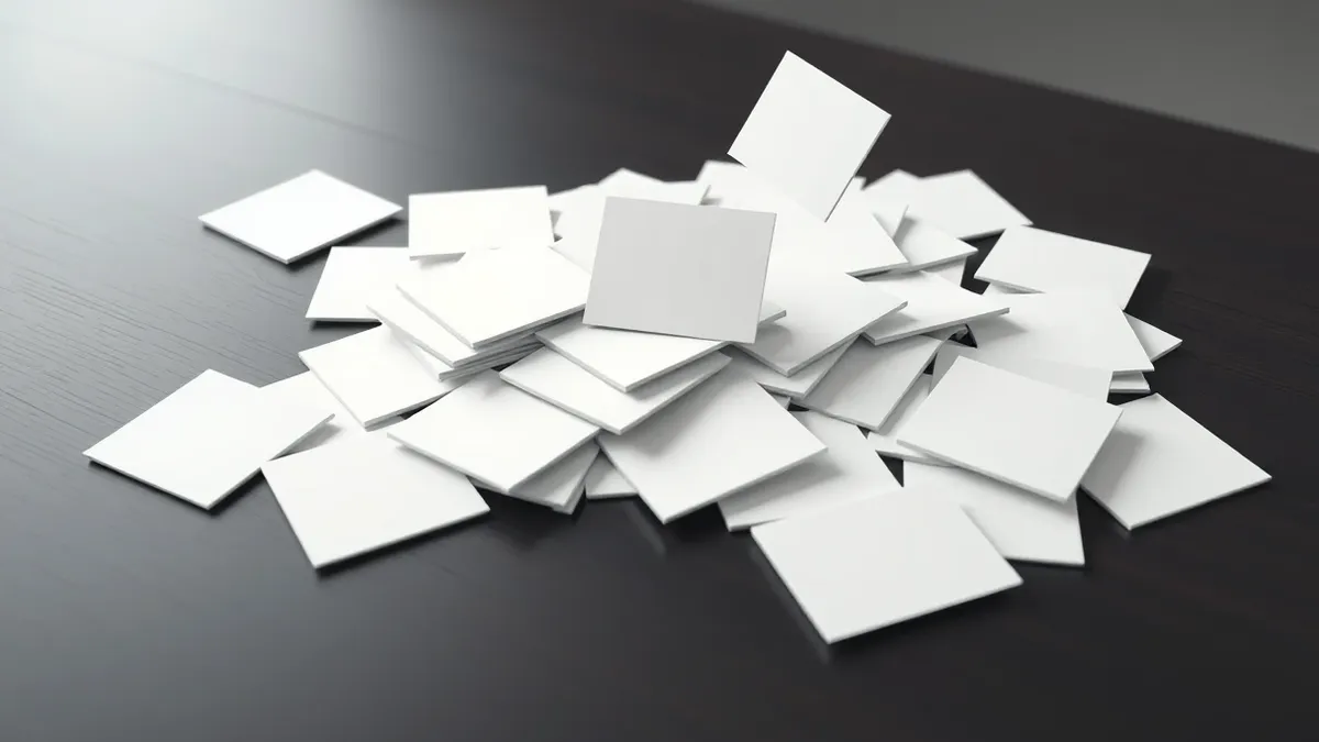 Illustration: A scattered pile of white index cards lies on a dark wooden table.