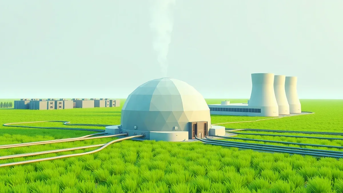 Illustration: A small modular nuclear reactor dome sits in a flat Indiana field, connected to a row of windowless data centre buildings by thick underground cables.