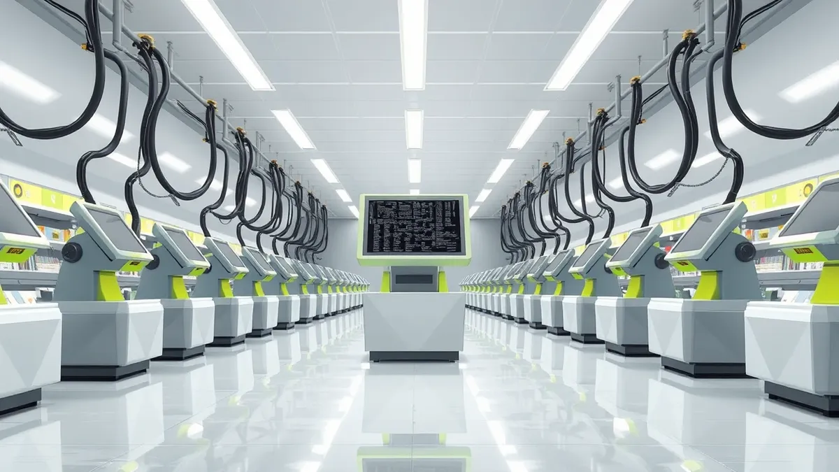 Illustration: A row of identical supermarket checkout counters sits empty in a brightly lit aisle.