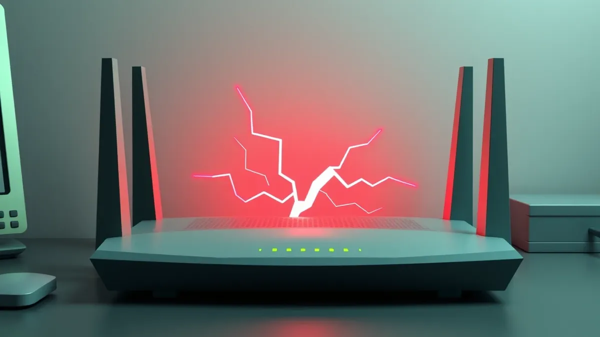 Illustration: A sleek network router sits on a desk with its front panel lights flickering erratically.