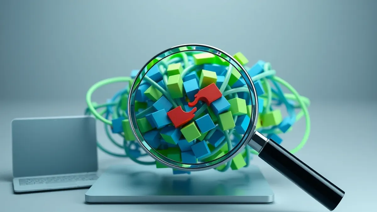 Illustration: A magnifying glass hovers over a tangled knot of colorful code blocks, highlighting a single cracked red segment hidden among the blue and green pieces.