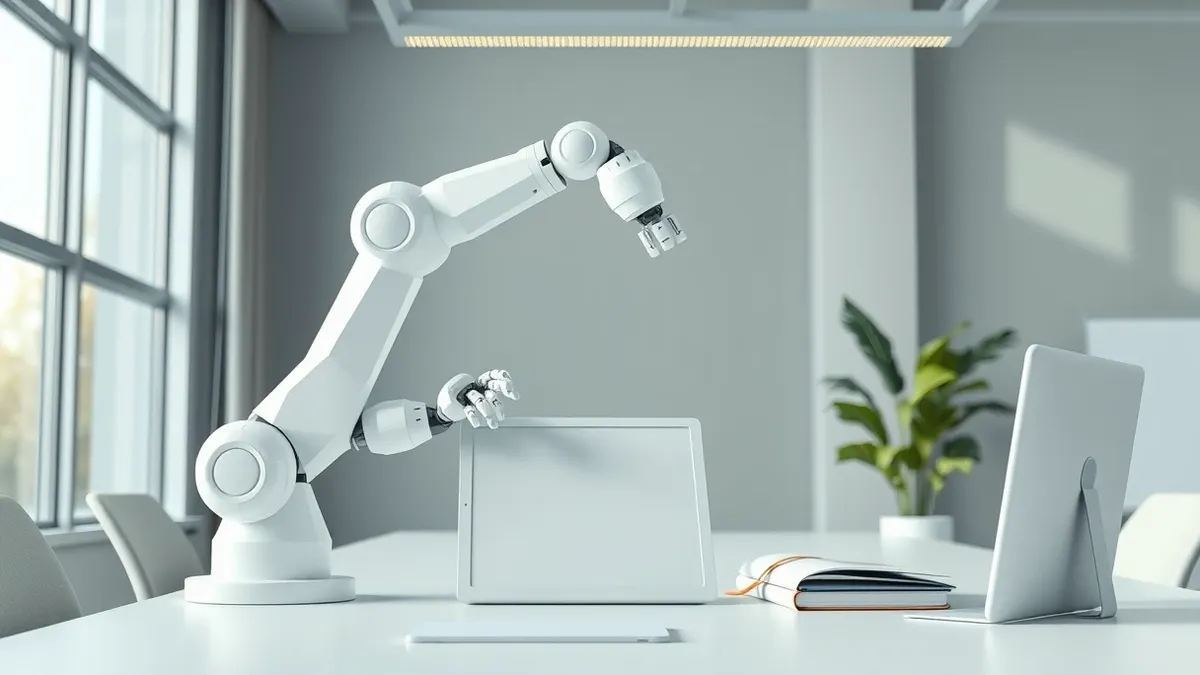 Illustration: A sleek white robotic arm extends from a desk in a modern European office, gently adjusting a blank tablet.
