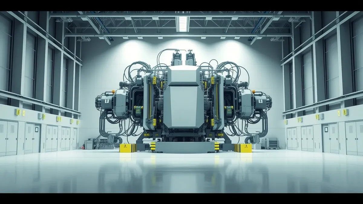 Illustration: A massive, intricate machine with exposed metal arms and complex wiring sits inside a brightly lit, sterile cleanroom.