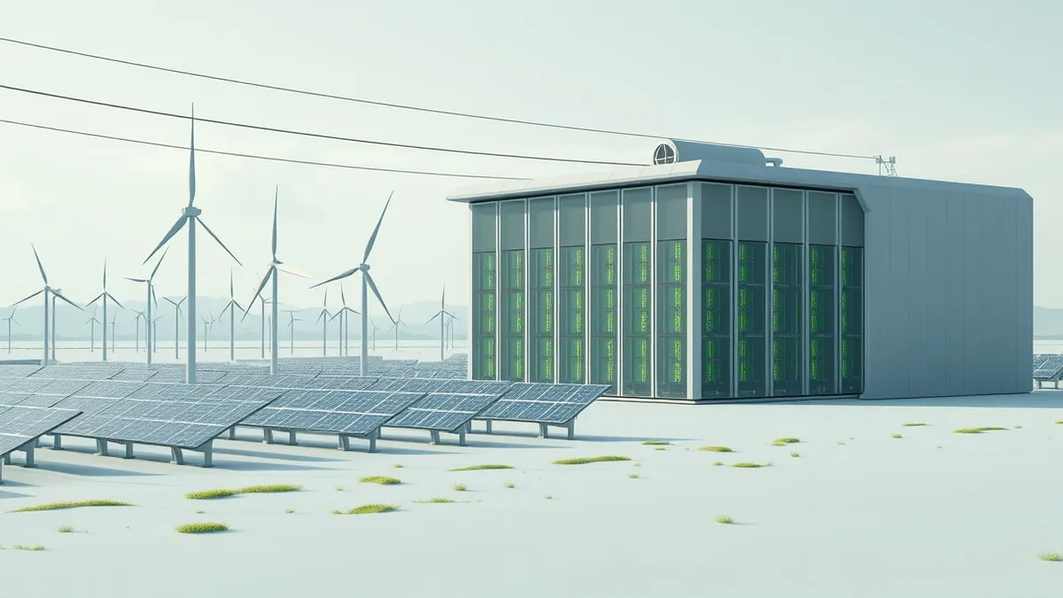 Illustration: A vast array of wind turbines and solar panels sits on an open plain, with thick cables carrying surplus electricity into a large, modern building housing rows of bla