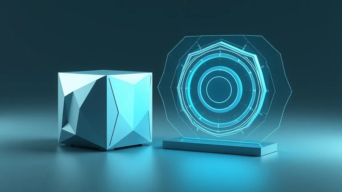 Illustration: A sleek silver quantum computer sits beside a transparent security shield composed of interlocking geometric rings.