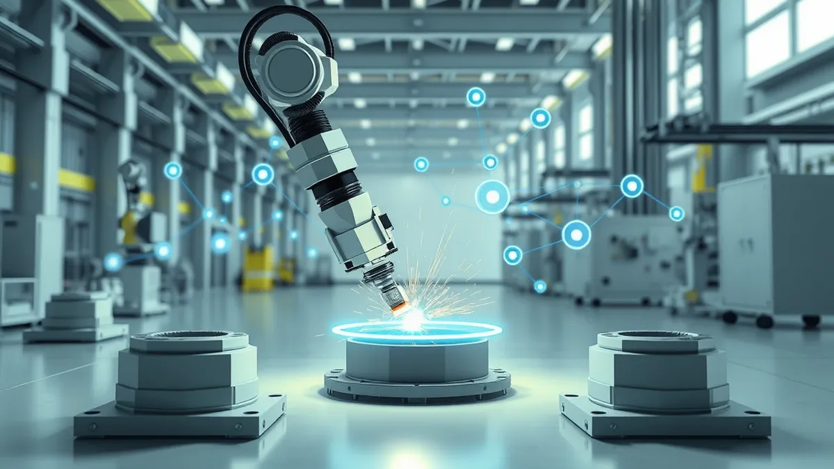 Illustration: A robotic arm welds steel components inside a bright factory floor.