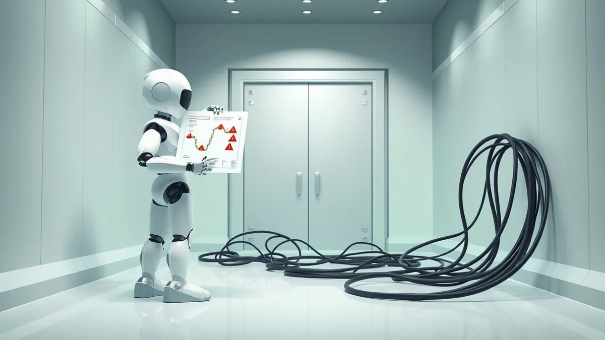Illustration: A sleek white robot stands in a sterile hallway, holding a digital blueprint that shows a winding path with several red warning triangles.