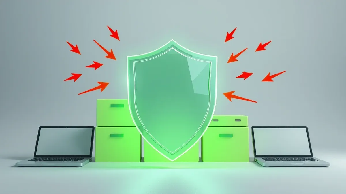 Illustration: A transparent, glowing shield hovers in front of a stack of unpatched software boxes.