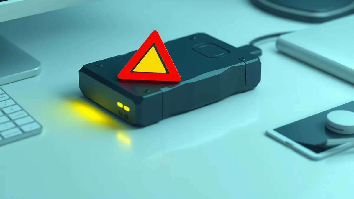 Illustration: A rugged external hard drive rests on a clean desk surface.