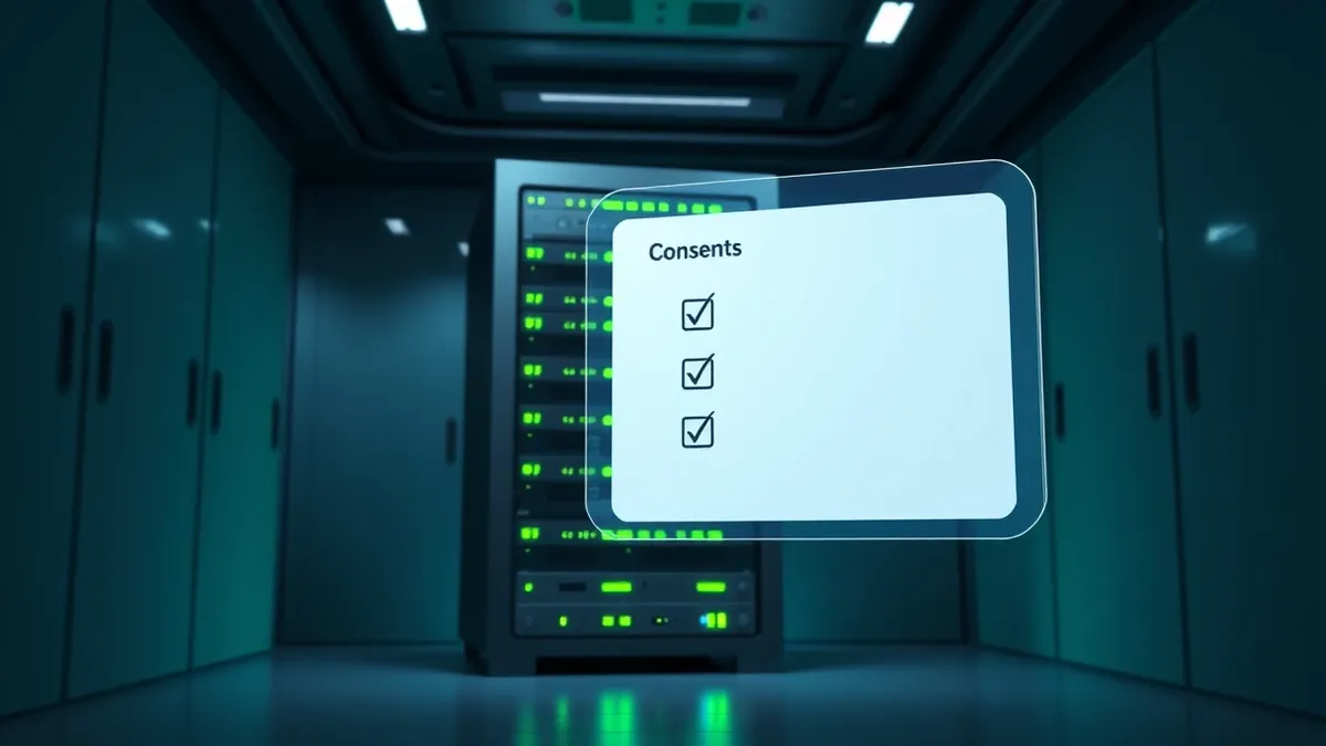 Illustration: A sleek server rack with glowing status lights sits inside a secure, dimly lit data center room.