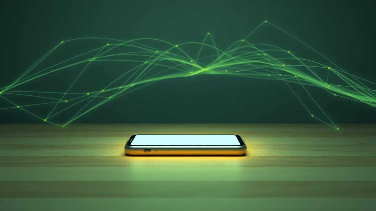 Illustration: A smartphone rests on a wooden table, its blank screen glowing softly.
