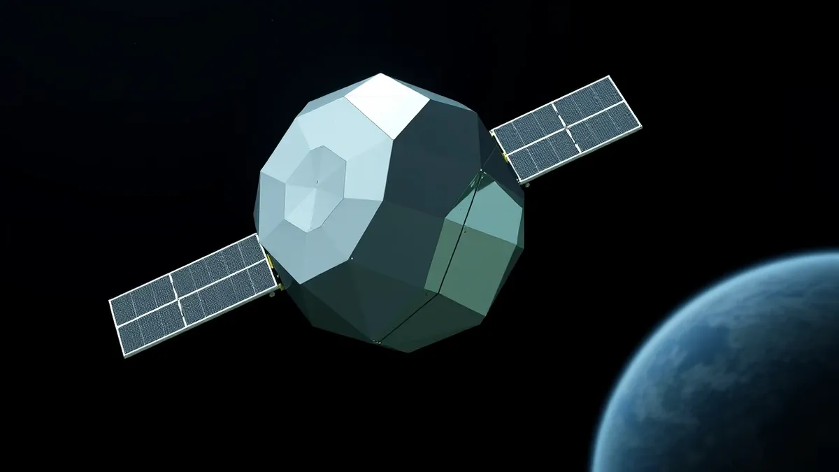 Illustration: A silver satellite with extended solar panels drifts through the dark void of space, its surface reflecting faint starlight.