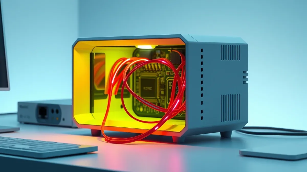 Illustration: A sleek remote support appliance sits on a clean desk with its side panel removed to reveal an exposed circuit board.
