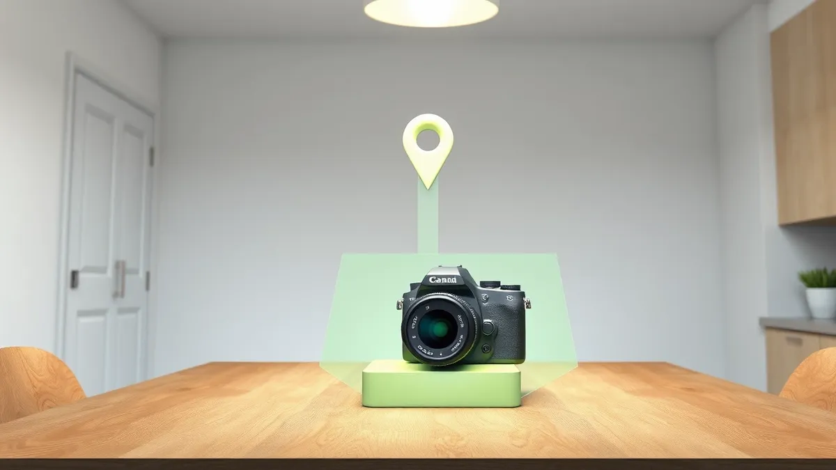 Illustration: A digital camera rests on a wooden kitchen table, facing a blank white wall and a simple window.