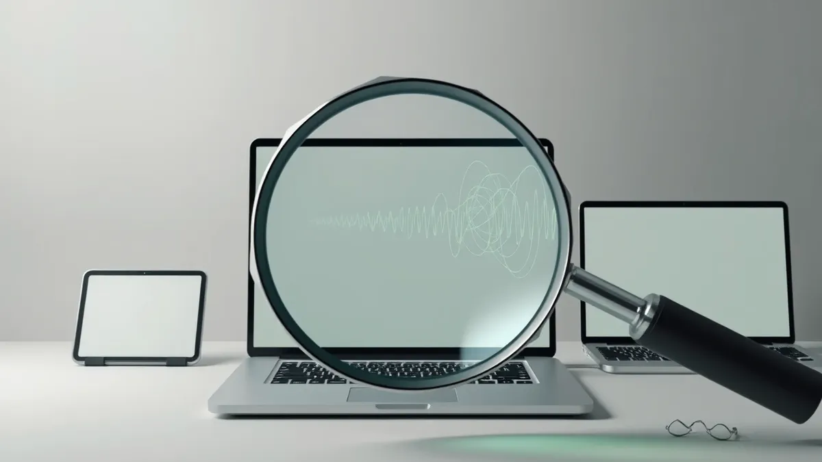 Illustration: A magnifying glass hovers over a blank digital photo, revealing chaotic, tangled signal waves beneath the smooth surface.
