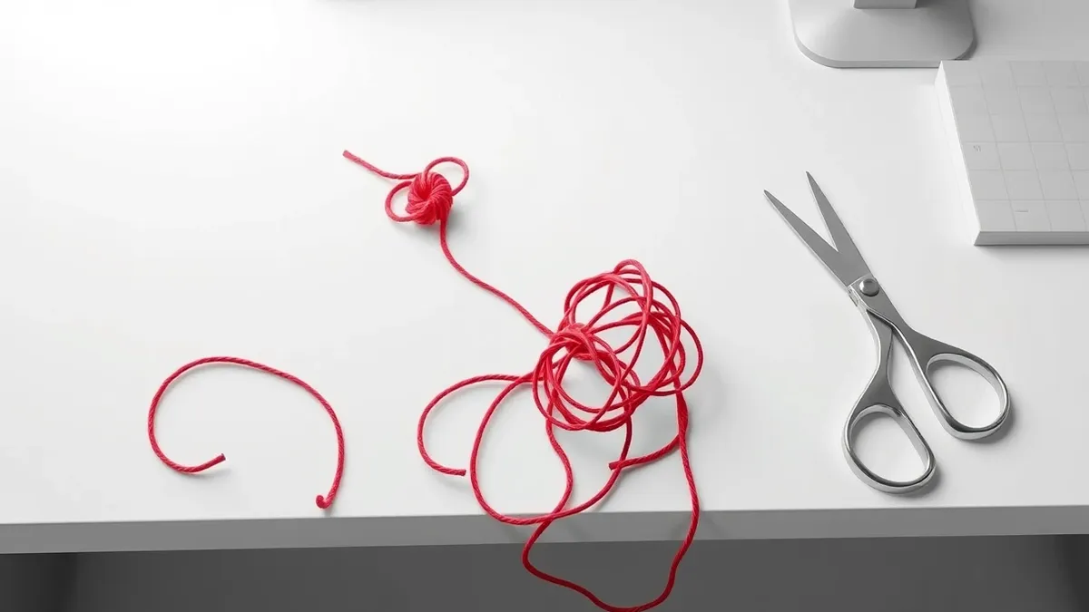 Illustration: A tangled knot of red thread sits on a clean white desk next to a pair of silver scissors.