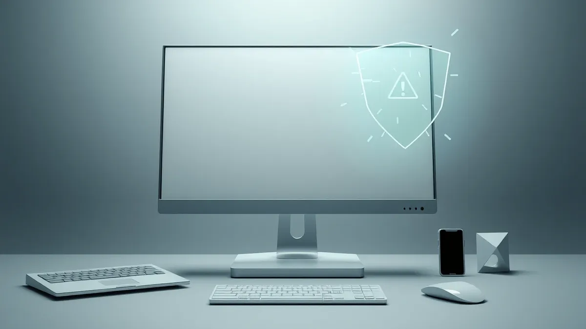 Illustration: A sleek desktop monitor displays a blank, minimalist browser window with a single abstract warning triangle.