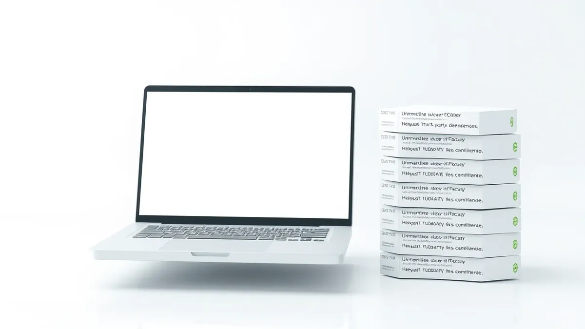 Illustration: A clean white workspace holds a single open laptop displaying a blank code editor.