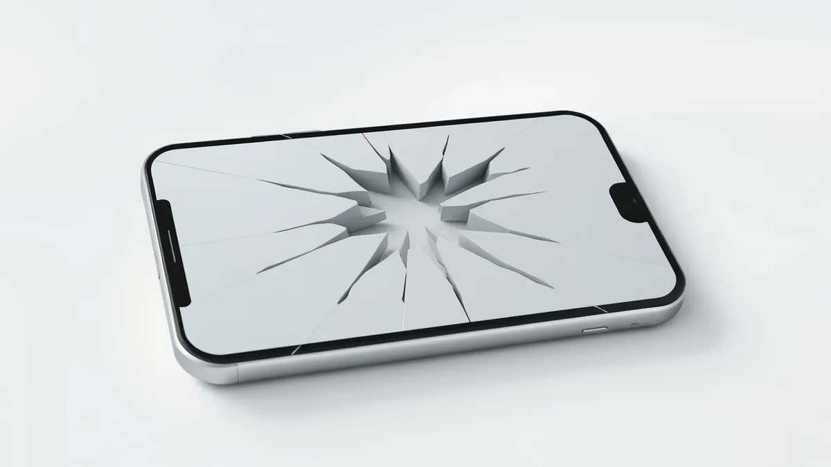 Illustration: A cracked smartphone screen displays a blank browser window with abstract grey blocks.
