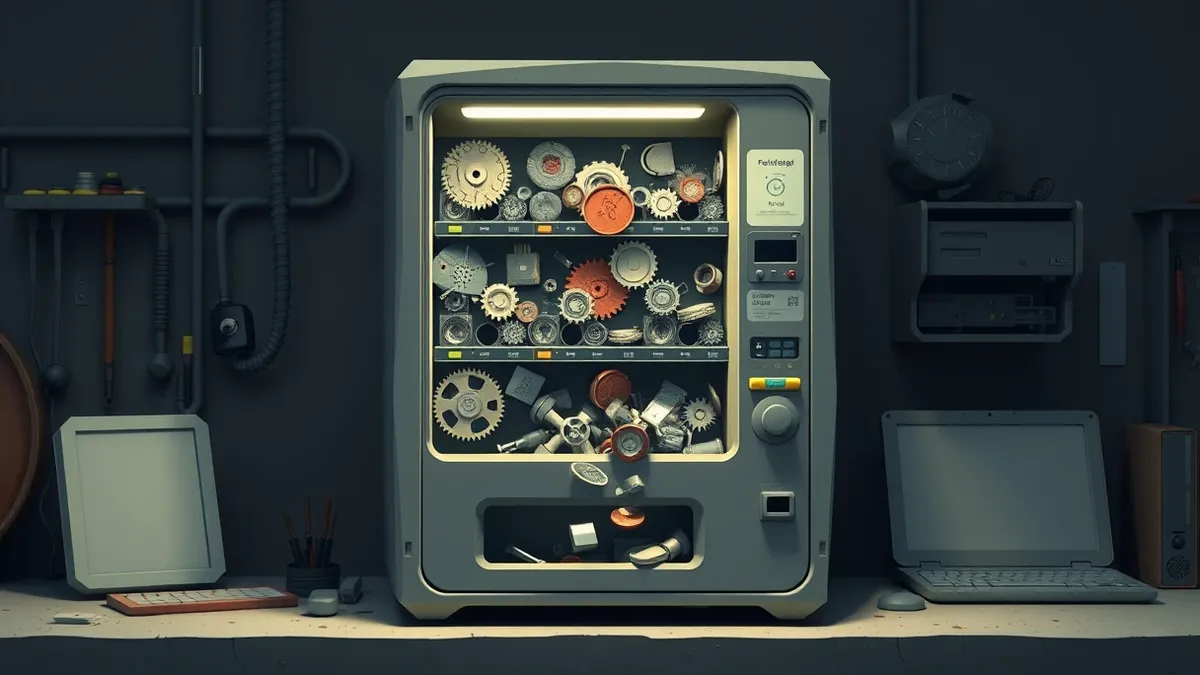 Illustration: A complex mechanical vending machine sits on a dusty workbench.