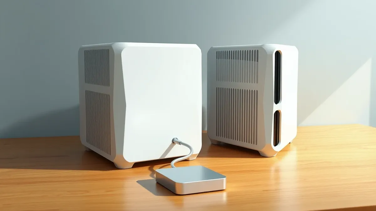 Illustration: Two white Mac Studio towers sit side by side on a wooden desk, their rear ventilation grilles glowing faintly with internal heat.