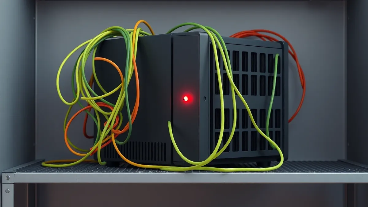 Illustration: A tangled nest of colorful ethernet cables snakes around the side of a bulky black network appliance.