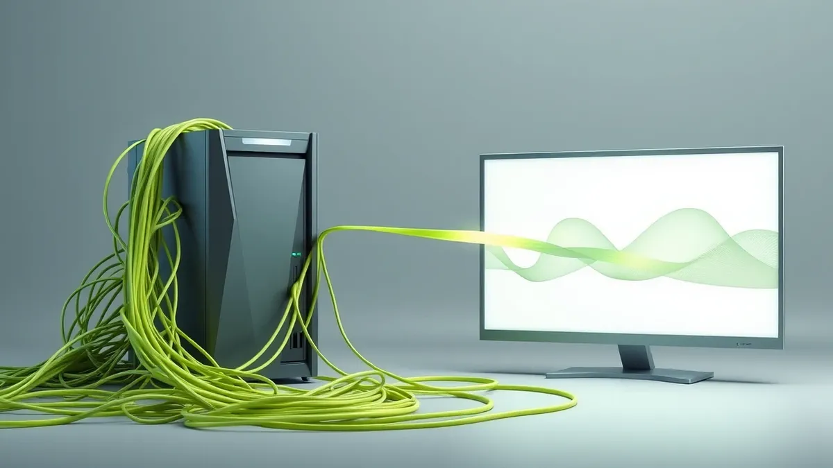 Illustration: A sleek server unit sits beside a tangled nest of chaotic cables that untangle into a single clean fiber optic strand.