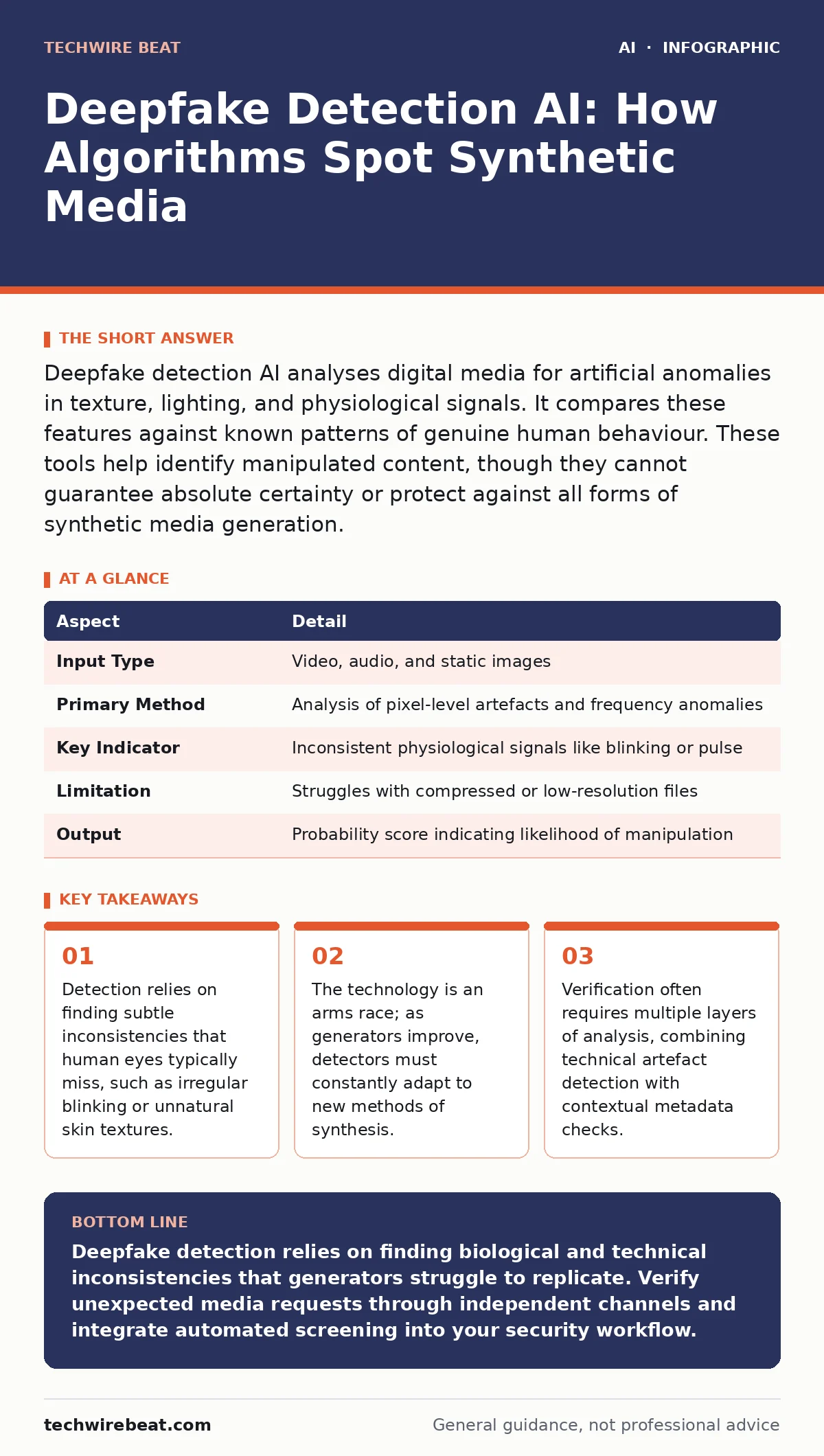 Infographic: Deepfake Detection AI: How Algorithms Spot Synthetic Media. Detection relies on finding subtle inconsistencies that human eyes typically miss, such as irregular blinking or unnatural skin textures. The technology is an arms race; as generators improve, detectors must constantly adapt to