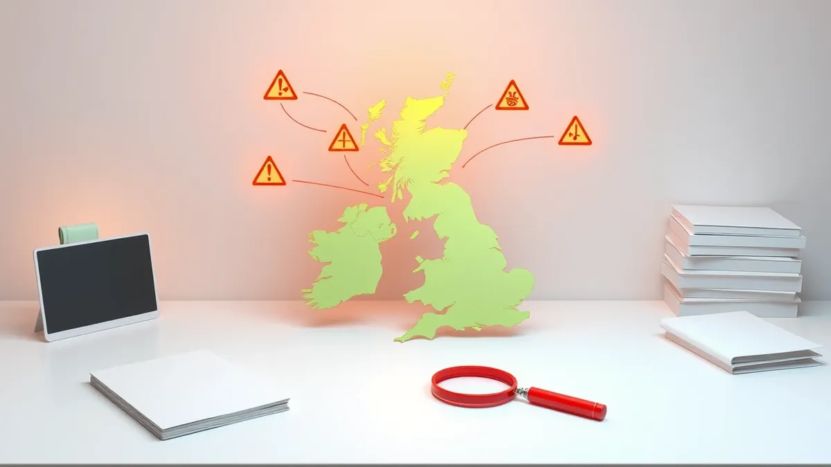Illustration: A large circular map of the United Kingdom rests on a clean white desk.
