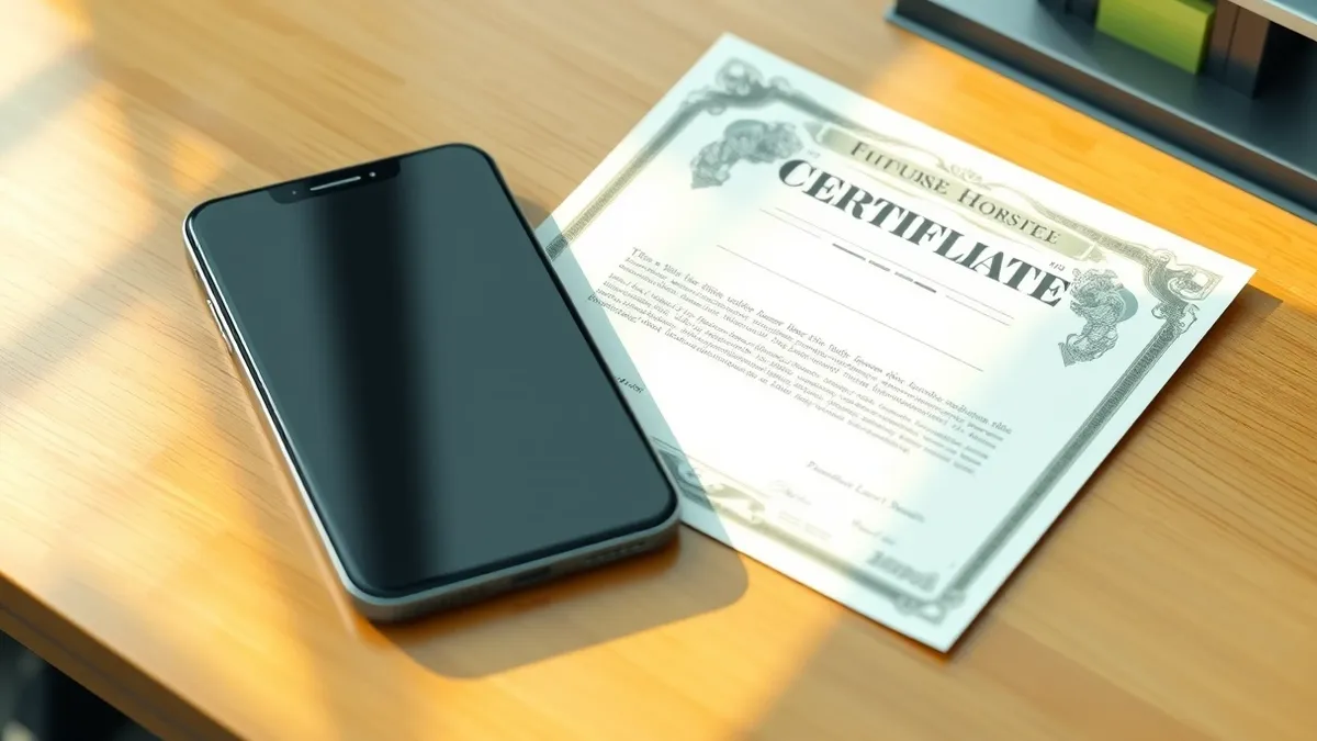 Illustration: A sleek, generic smartphone rests on a polished wooden desk next to a single, ornate paper stock certificate with blank fields.