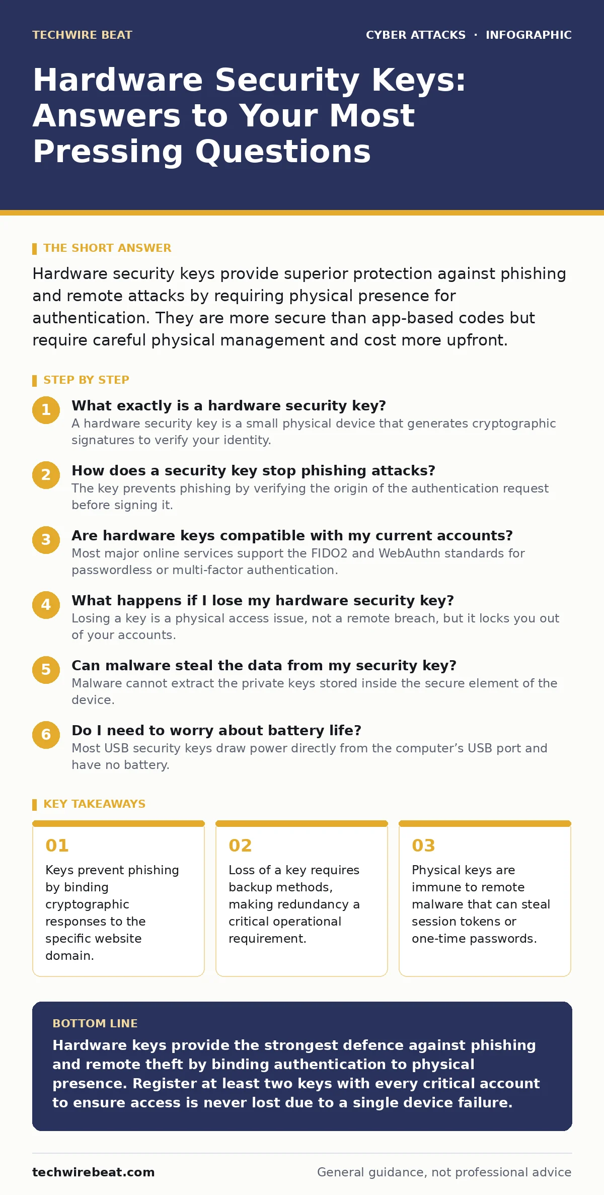 Infographic: Hardware Security Keys: Answers to Your Most Pressing Questions. Keys prevent phishing by binding cryptographic responses to the specific website domain. Loss of a key requires backup methods, making redundancy a critical operational requirement. Physical keys are immune to remote malwa