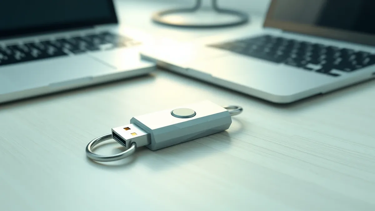 Illustration: A silver USB security key rests on a clean wooden desk next to a modern laptop.