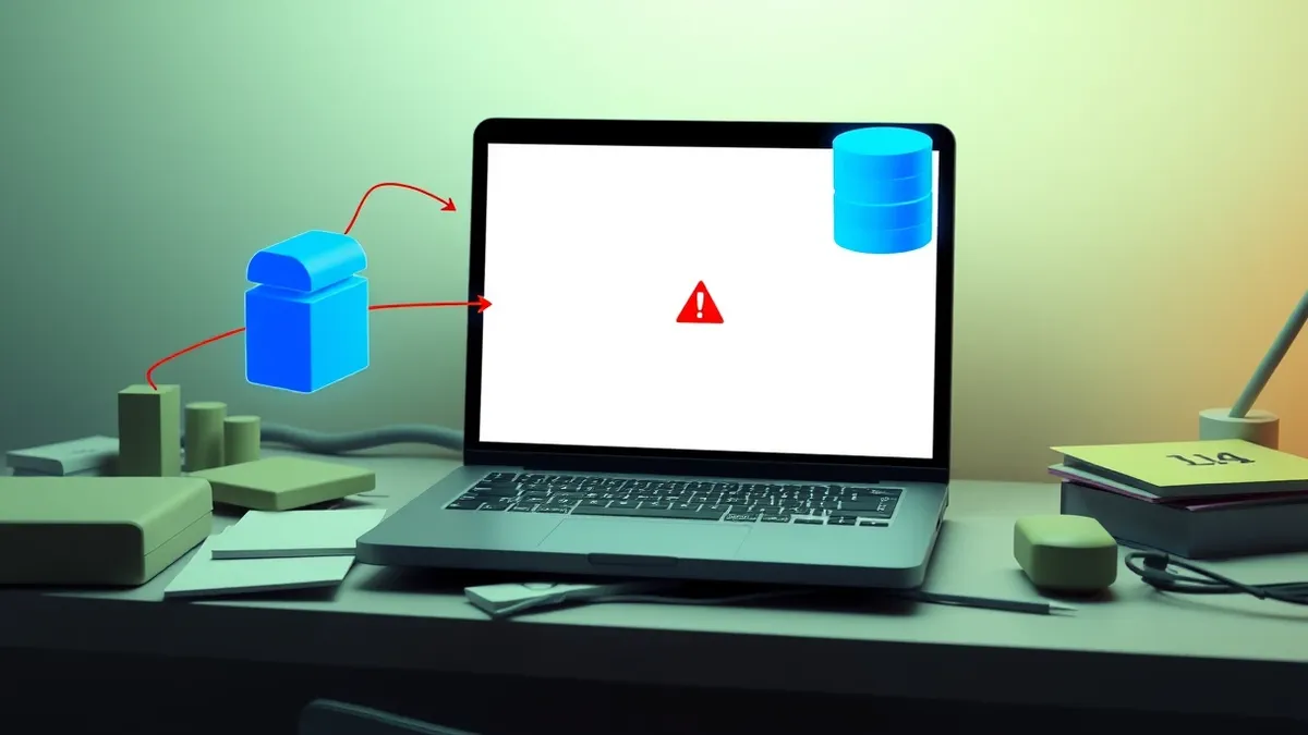 Illustration: A sleek black laptop sits on a cluttered desk, its screen displaying a blank white interface with a single red warning icon.