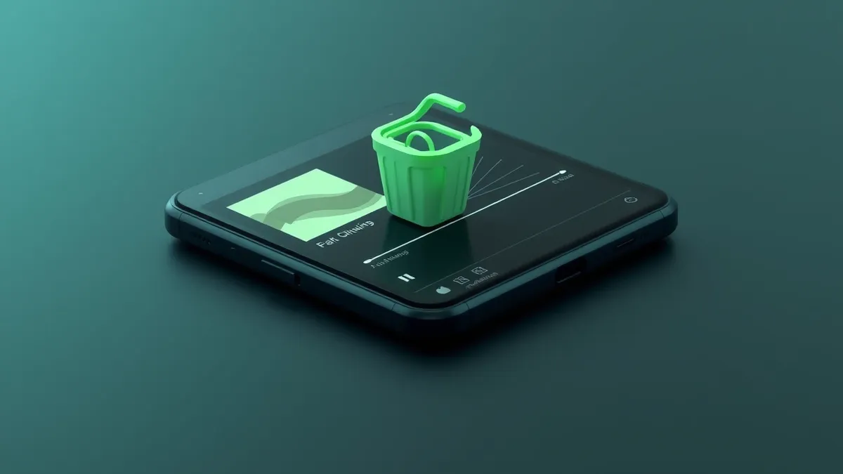 Illustration: A sleek black smartphone rests on a dark surface, its screen displaying a music app interface with blank album art and abstract waveform lines.