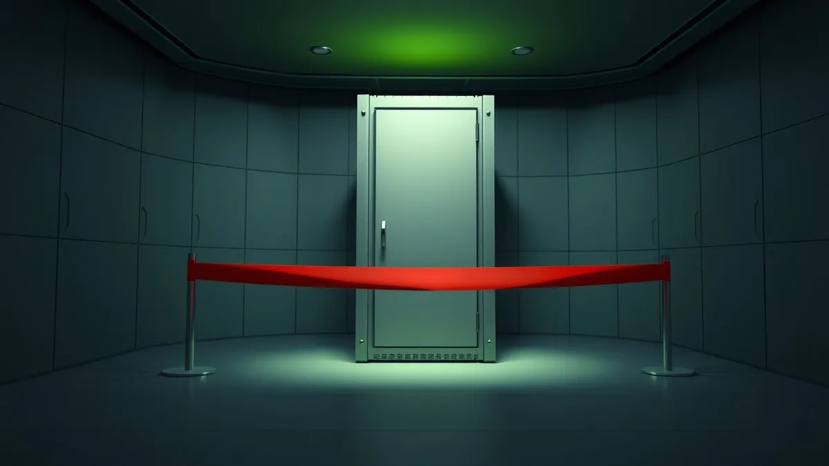 Illustration: A large server rack with its front door slightly ajar sits in a dark room, disconnected from all network cables.