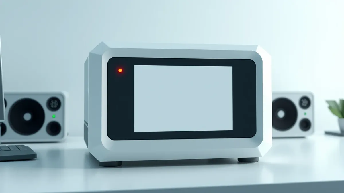 Illustration: A sleek white network appliance sits on a clean desk.