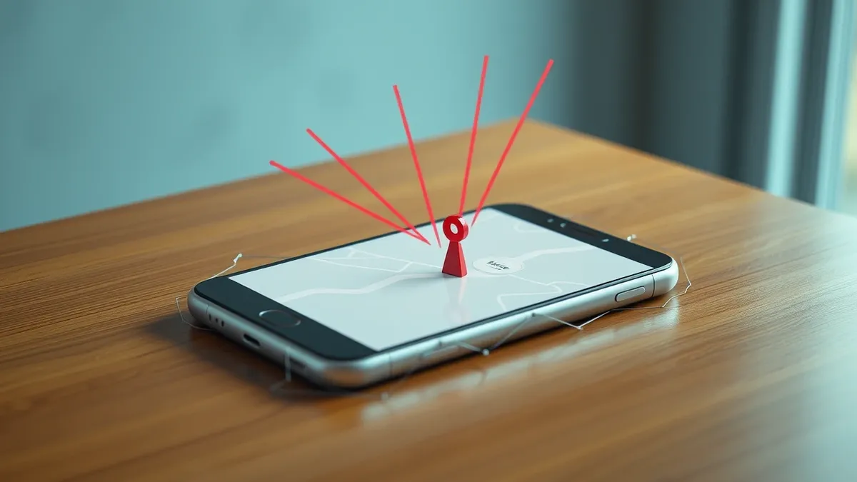 Illustration: A cracked smartphone rests on a wooden table, its screen displaying a map with a single warning icon.