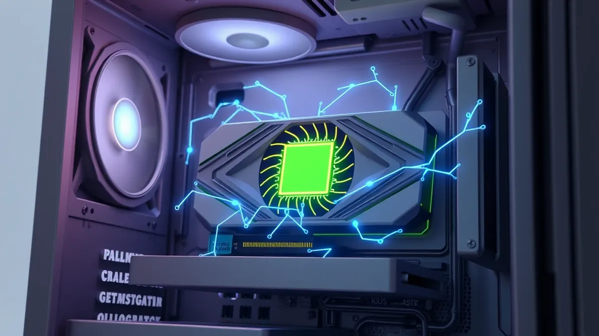 Illustration: A small, sleek graphics card sits inside an open computer case.