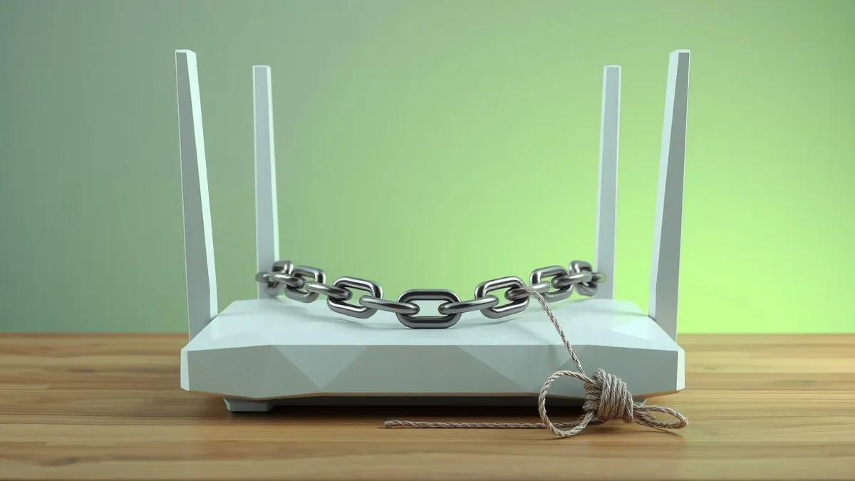 Illustration: A sleek white wireless router sits on a wooden desk with its antennas upright.