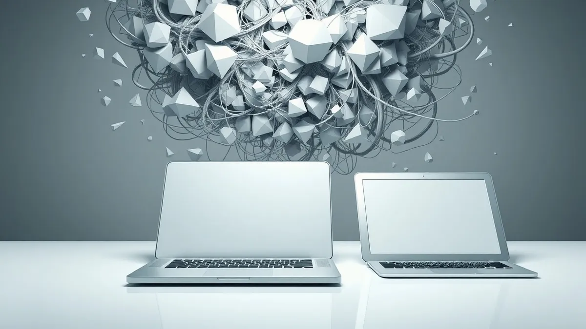 Illustration: A pristine silver laptop and tablet sit on a white table, their sleek surfaces reflecting overhead lights.