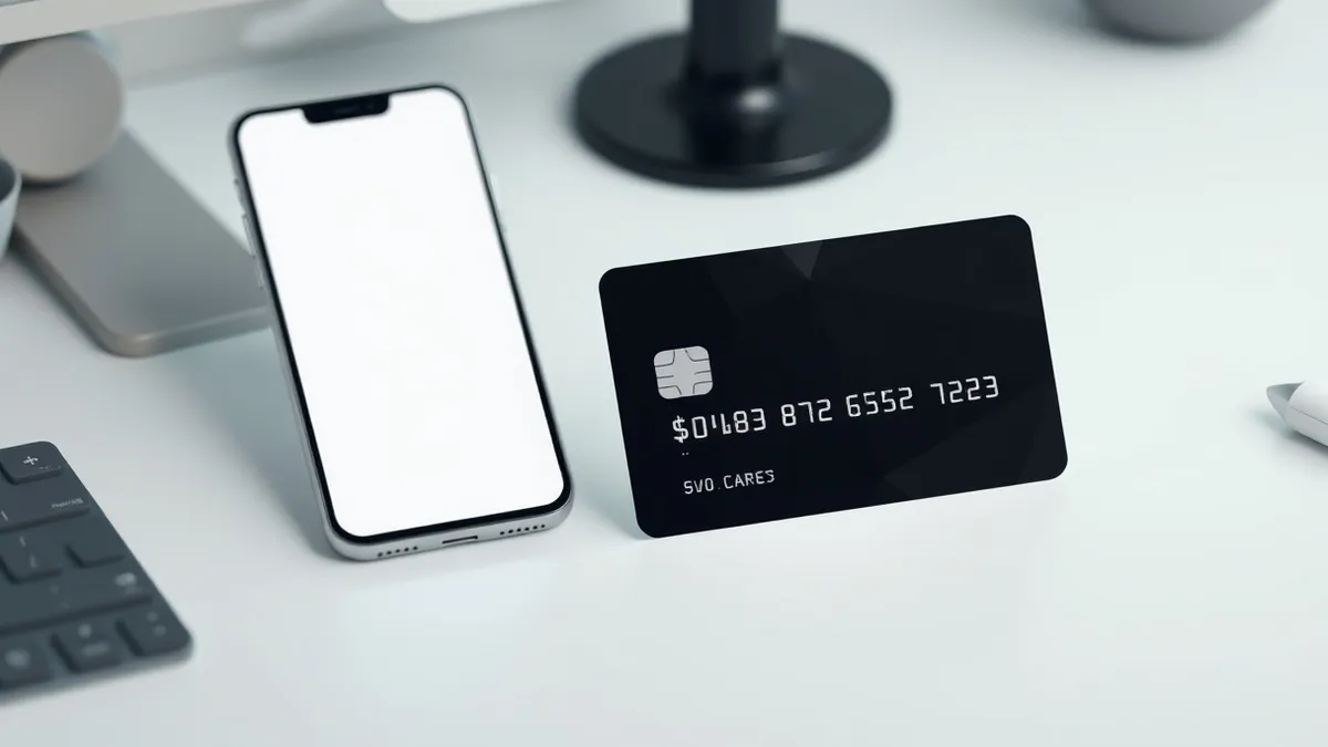 Illustration: A sleek black corporate credit card rests on a minimalist white desk surface next to a blank smartphone displaying a simple abstract interface.