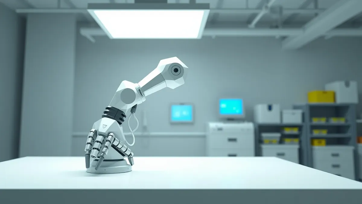 Illustration: A sleek white robotic arm sits on a clean laboratory workbench.