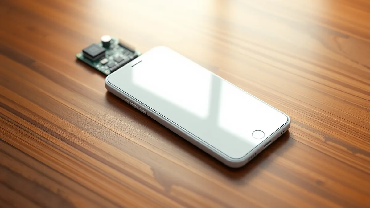 Illustration: A sleek white smartphone rests on a polished wooden table beside a small, generic circuit board.