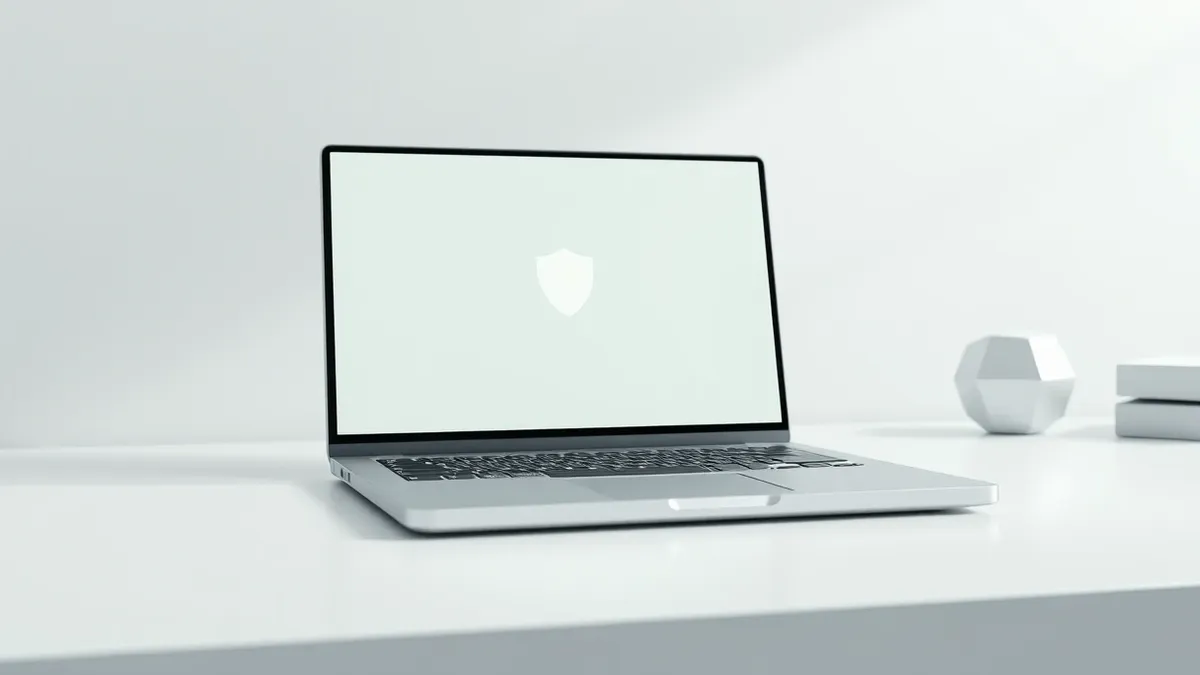 Illustration: A sleek silver laptop sits on a clean white desk, its screen displaying a blank chrome browser window with a subtle shield icon in the corner.