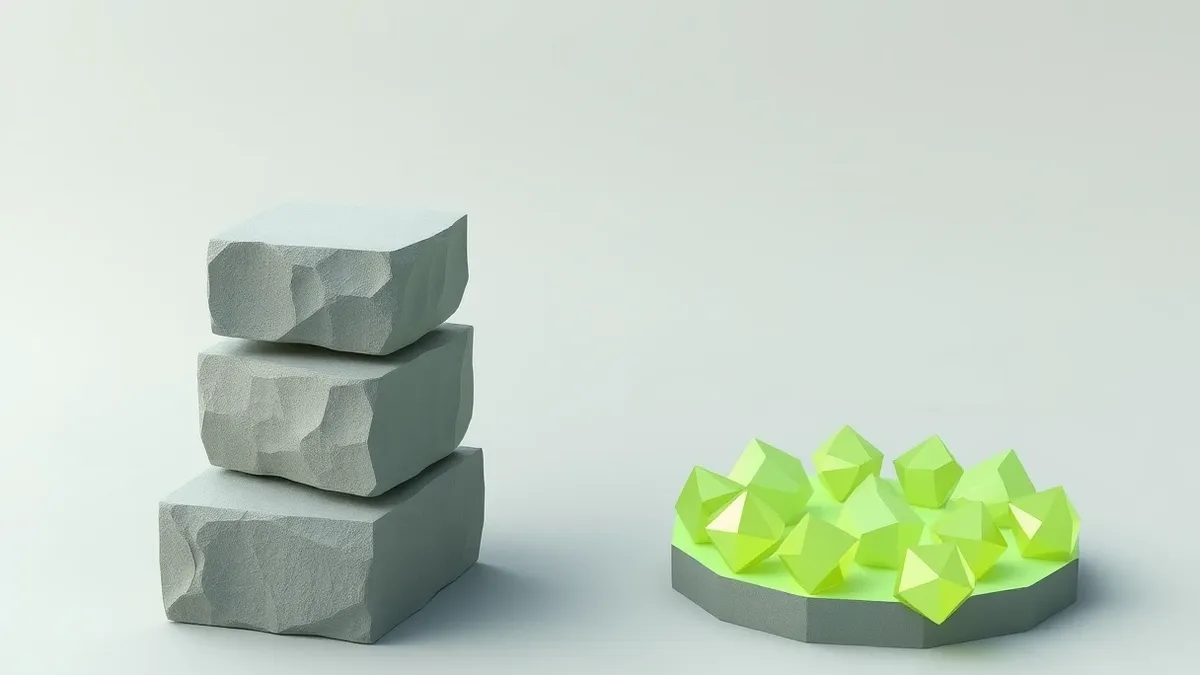 Illustration: A stack of thick, heavy stone blocks sits beside a cluster of lightweight, translucent geometric shells.